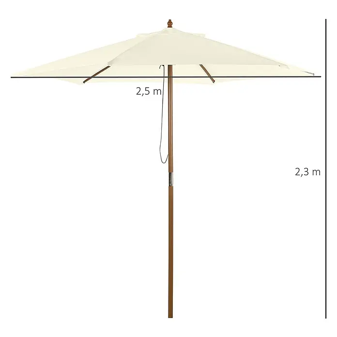 Outsunny Balkonschirm rund - Cremeweiß, Durchmesser Bespannung: 250 cm - Cremefarbener Sonnenschirm mit Holzstiel, 2,5m Schirmbreite, 2,3m Gesamthöhe.