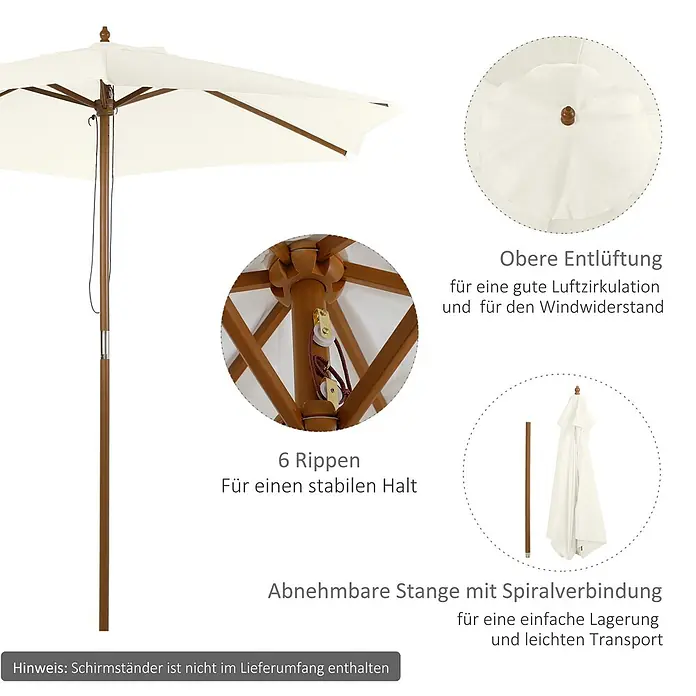 Outsunny Balkonschirm rund - Cremeweiß, Durchmesser Bespannung: 250 cm - Cremefarbener Sonnenschirm mit Holzstange, 6 Rippen, Belüftung und abnehmbarer Stange zur einfachen Lagerung.