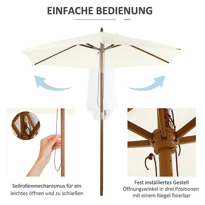 Outsunny Balkonschirm rund - Cremeweiß, Durchmesser Bespannung: 250 cm - Creme-farbener Sonnenschirm mit braunem Gestell, Seilzug für leichtes Öffnen/Schließen & 3-fach neigbar per Riegel.