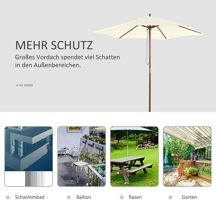 Outsunny Balkonschirm rund - Cremeweiß, Durchmesser Bespannung: 250 cm - Ein cremefarbener Sonnenschirm mit Holzstange, spendet Schatten in verschiedenen Außenbereichen wie Pool, Balkon, Rasen und Garten.