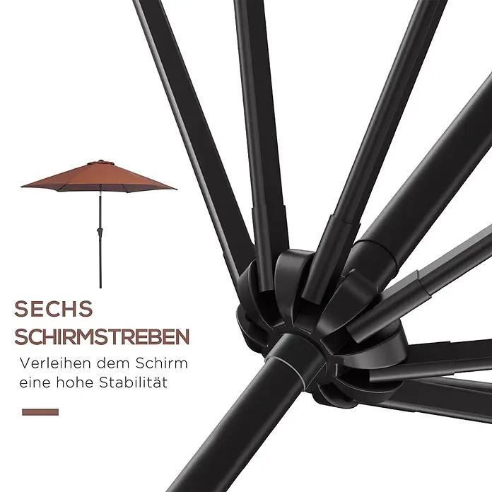 Outsunny Balkonschirm rund - Kaffeebraun, Durchmesser Bespannung: 260 cm - Brauner Schirm mit schwarzem Gestell, das sechs robuste Streben für Stabilität zeigt.