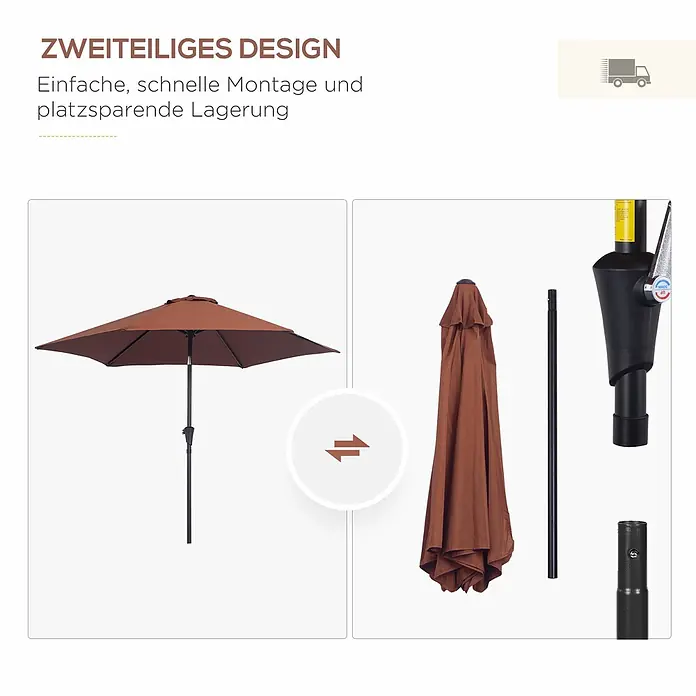 Outsunny Balkonschirm rund - Kaffeebraun, Durchmesser Bespannung: 260 cm - Brauner Sonnenschirm, zusammengebaut und in zwei Teilen zerlegt für einfache Montage und platzsparende Lagerung.