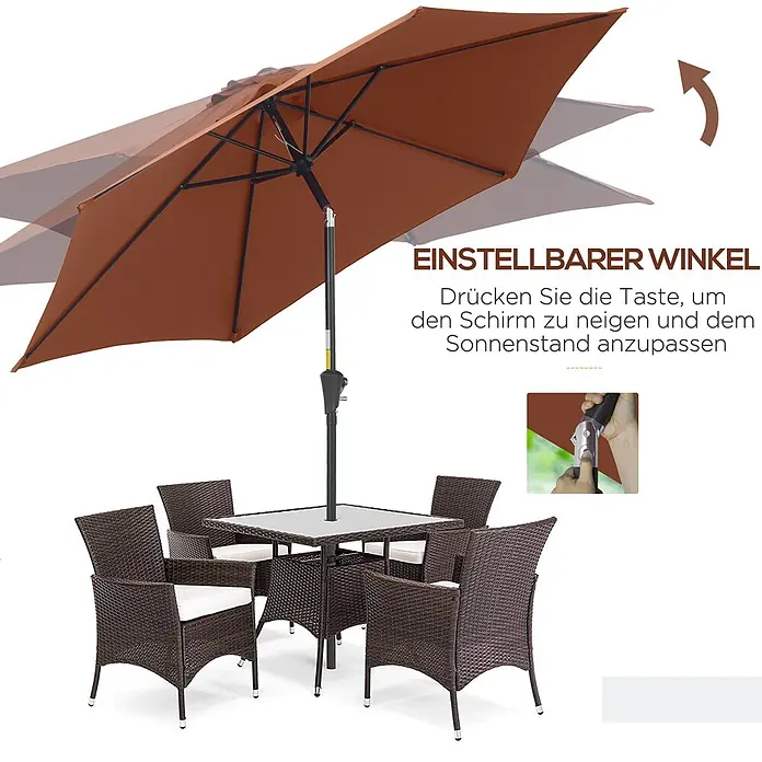 Outsunny Balkonschirm rund - Kaffeebraun, Durchmesser Bespannung: 260 cm - Brauner Terrassenschirm mit verstellbarem Neigungswinkel über einem quadratischen Esstisch und vier Rattanstühlen mit weißen Kissen.