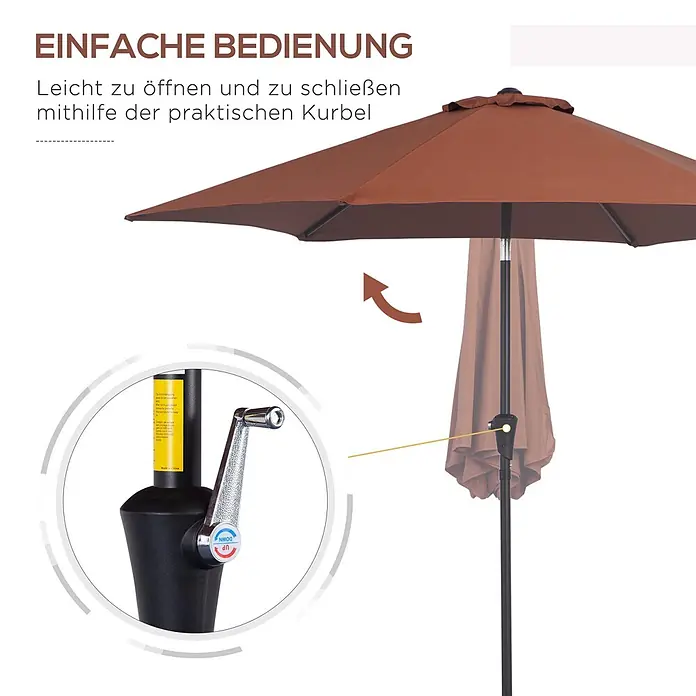Outsunny Balkonschirm rund - Kaffeebraun, Durchmesser Bespannung: 260 cm - Brauner Sonnenschirm mit Kurbelmechanismus zum einfachen Öffnen und Schließen.