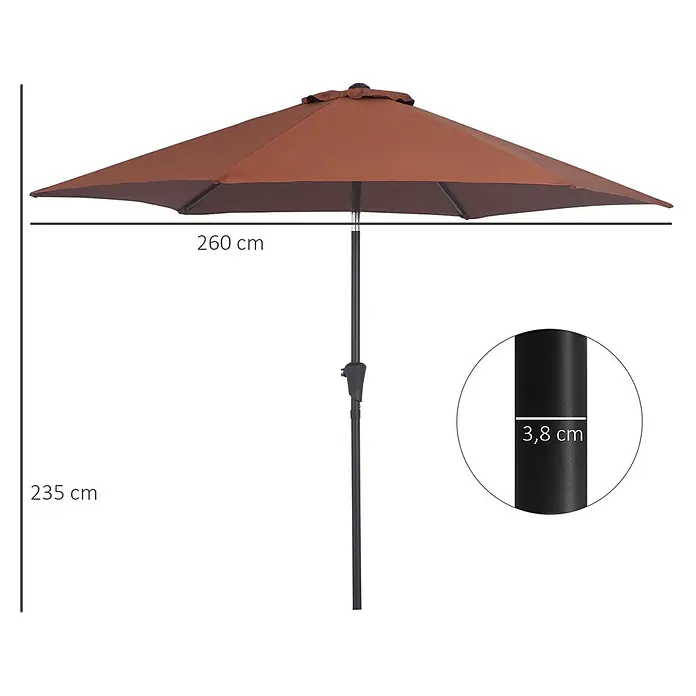 Outsunny Balkonschirm rund - Kaffeebraun, Durchmesser Bespannung: 260 cm - Brauner Gartenschirm mit 260 cm Durchmesser und 235 cm Höhe. Der schwarze Mast hat einen Durchmesser von 3,8 cm.