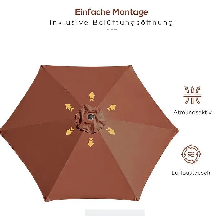 Outsunny Balkonschirm rund - Kaffeebraun, Durchmesser Bespannung: 260 cm - Brauner Sonnenschirm mit Belüftungsöffnung in der Mitte; Pfeile zeigen Luftzirkulation an. Funktionalität: atmungsaktiv, Luftaustausch.