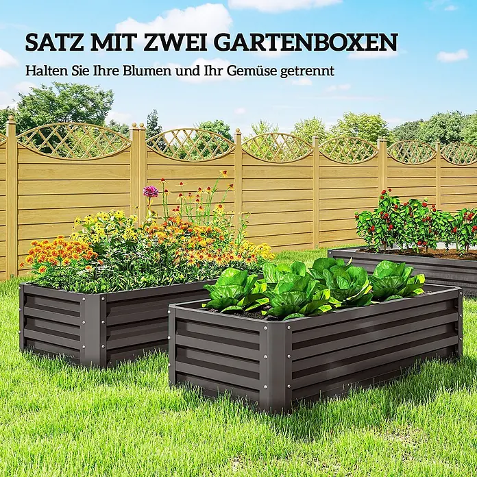 Outsunny Hochbeet - 110 x 50 x 30 cm, Stahl, Dunkelgrau - Set aus zwei dunkelgrauen Metall-Hochbeeten im Garten, eines mit Blumen, das andere mit Gemüse.
