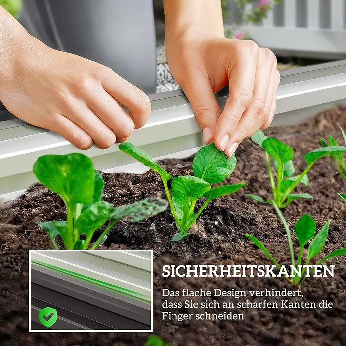 Outsunny Hochbeet - Stahl, Dunkelgrau - Hände pflanzen Setzlinge in ein Hochbeet mit flachen, sicheren Metallkanten, um Schnitte zu verhindern.