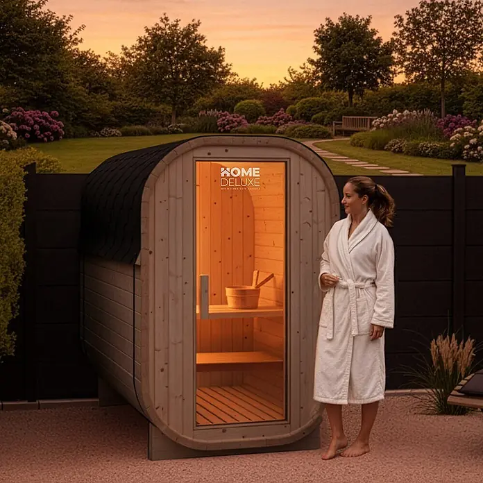 Home Deluxe Fasssauna CUBE S - Elektroofen, Holz - Hölzerne Fasssauna mit schwarzem Dach, glühendem Innenraum, neben einer Frau im weißen Bademantel im Garten.