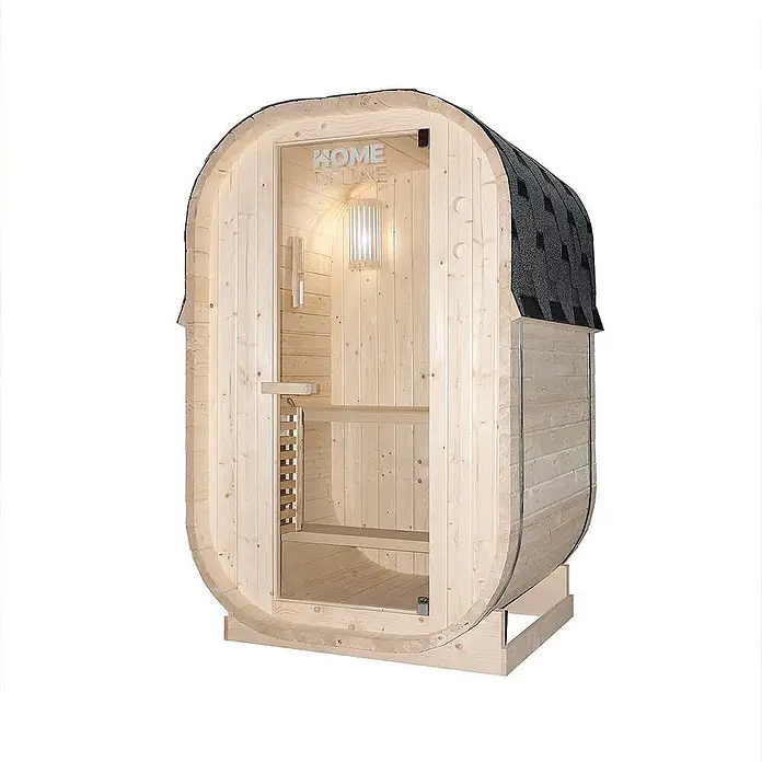 Home Deluxe Fasssauna CUBE S - Elektroofen, Holz - Kompakte Fasssauna aus Naturholz mit Glastür und schwarzem Schindeldach.