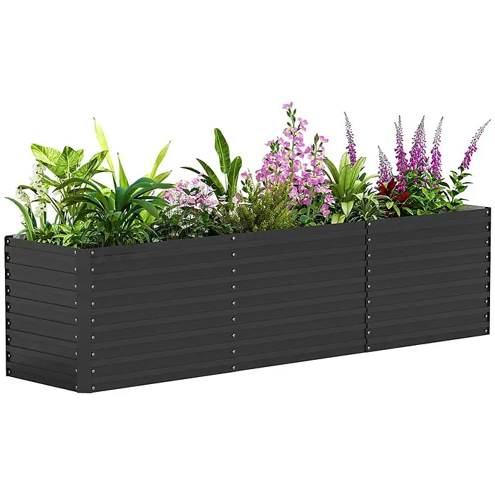 Outsunny Hochbeet - 240 x 60 x 60 cm, Stahl, Dunkelgrau - Langes, dunkelgraues, modulares Metall-Hochbeet, gefüllt mit verschiedenen Grünpflanzen und rosa und lila Blüten.