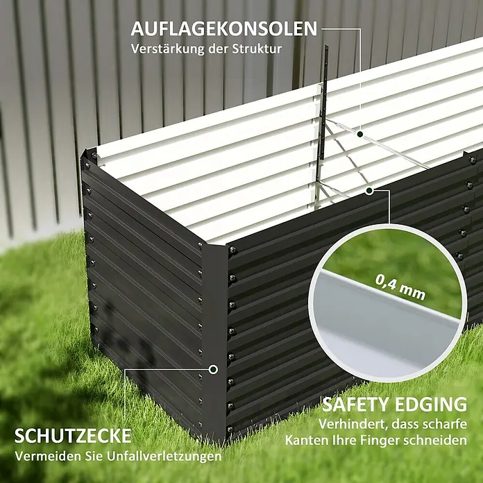 Outsunny Hochbeet - 240 x 60 x 60 cm, Stahl, Dunkelgrau - Dunkelgraues Hochbeet aus Wellblech mit weißen Deckplatten, Sicherheitskanten, Schutzecken und strukturellen Verstärkungen, im Gras stehend.