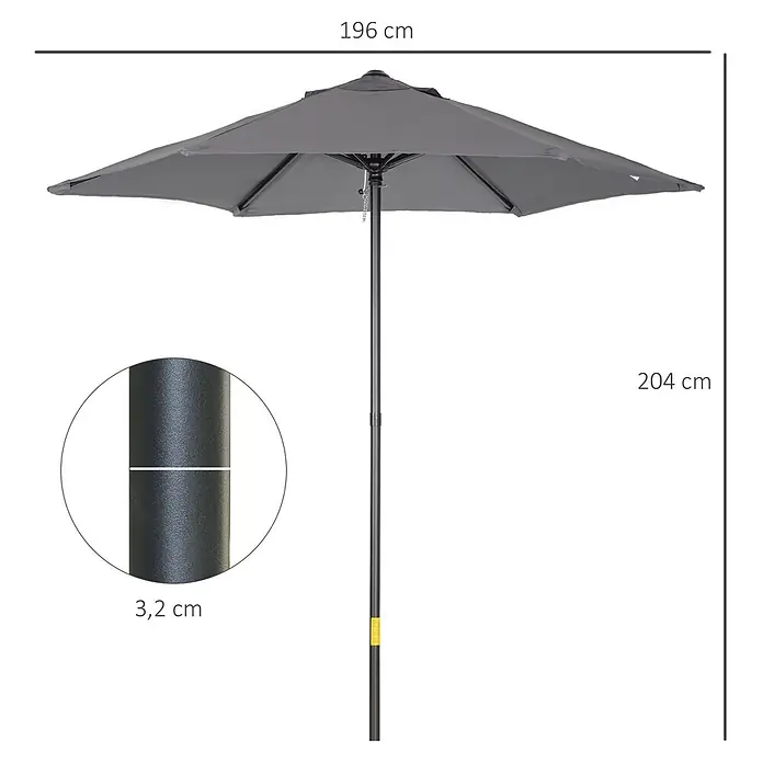 Outsunny Balkonschirm rund - Grau, Durchmesser Bespannung: 196 cm - Grauer Sonnenschirm mit 196 cm Durchmesser, 204 cm Höhe und 3,2 cm Mastdurchmesser.