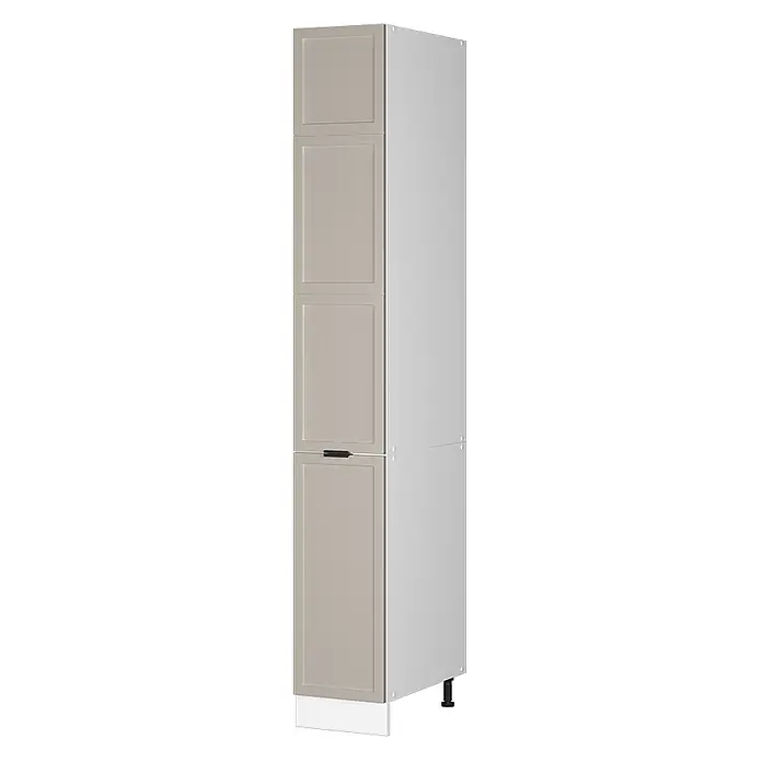 Vicco Schrankküche Fame-Line GrauBeige - GrauBeige, Apothekerhochschrank 30 cm - Hoher Schrank mit hellbeigen Kassettenfronten, hellgrauer Seitenwand, schwarzem Griff, weißem Sockel und schwarzen Stellfüßen.