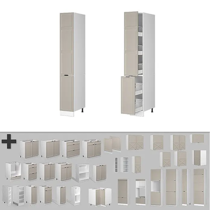 Vicco Schrankküche Fame-Line GrauBeige - GrauBeige, Apothekerhochschrank 30 cm - Modulare Küchenschränke in Hellbeige mit weißen Rahmen, darunter Hochschränke, Unterschränke und Oberschränke.