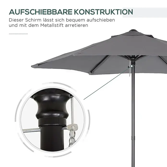 Outsunny Balkonschirm rund - Grau, Durchmesser Bespannung: 196 cm - Grauer Sonnenschirm mit aufschiebbarem Öffnungsmechanismus, der mit einem Metallstift arretiert wird. Detailansicht des Arretierstiftes.