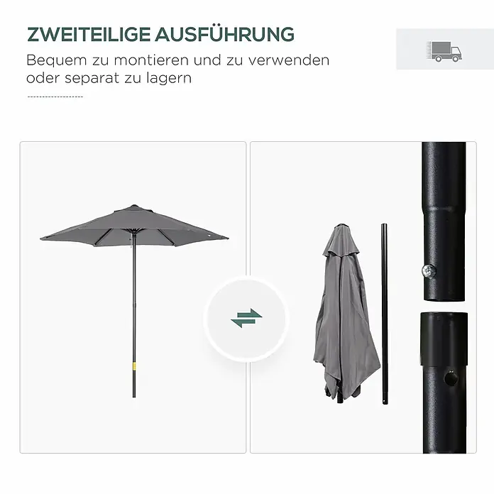 Outsunny Balkonschirm rund - Grau, Durchmesser Bespannung: 196 cm - Grauer zweiteiliger Sonnenschirm; aufgebaut und zerlegt für einfache Montage und Lagerung. Detailansicht der Stangenverbindung.