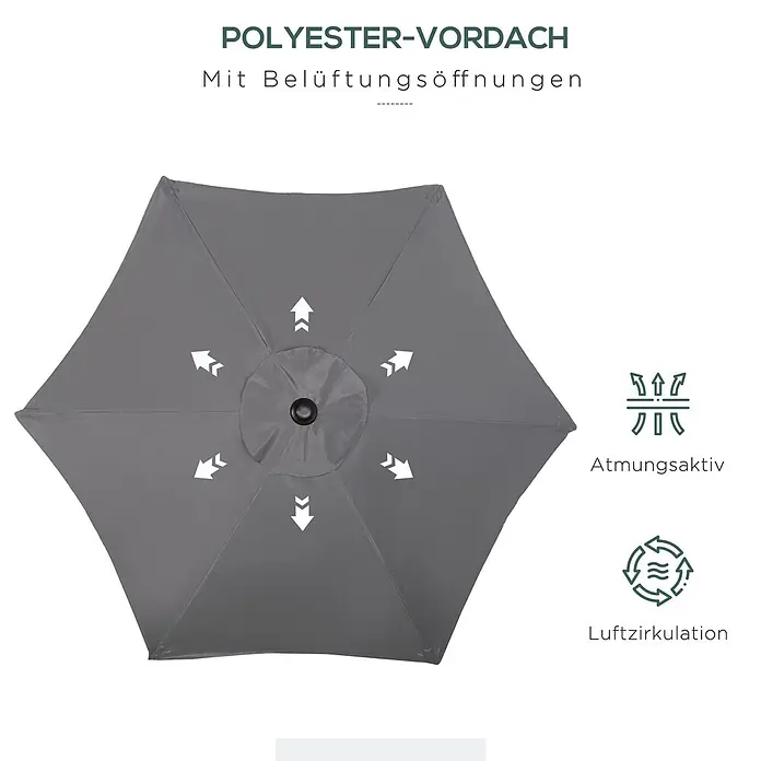 Outsunny Balkonschirm rund - Grau, Durchmesser Bespannung: 196 cm - Grauer sechseckiger Polyester-Sonnenschirm mit Belüftungsöffnungen für Atmungsaktivität und Luftzirkulation.