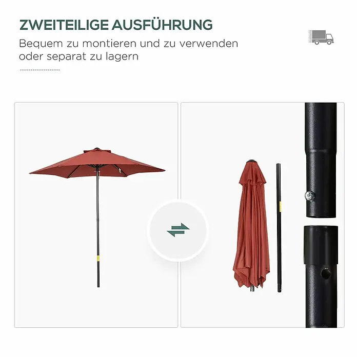 Outsunny Balkonschirm rund Weinrot mit Luftzirkulation - Weinrot, Durchmesser Bespannung: 196 cm - Zweiteiliger, rostbrauner Sonnenschirm, zusammengebaut und zerlegt gezeigt, mit Detailansicht des Verbindungsmechanismus zur einfachen Montage und Lagerung.