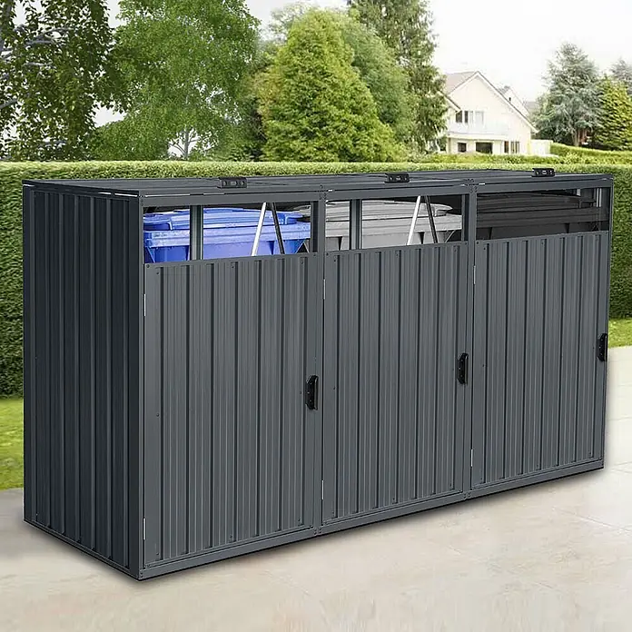 Home Deluxe Mülltonnenbox CUBO - 1x 240L - 80 x 80 cm, Stahl, Anthrazit, Geeignet für Anzahl Mülltonnen: 1 Stk. - Dunkelgraues Metall-Mülltonnenhaus mit drei Fächern, im Garten platziert.
