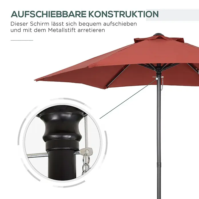 Outsunny Balkonschirm rund Weinrot mit Luftzirkulation - Weinrot, Durchmesser Bespannung: 196 cm - Roter Sonnenschirm mit Aufschiebemechanismus und Metallstift zur Arretierung der Schirmhöhe am schwarzen Mast.