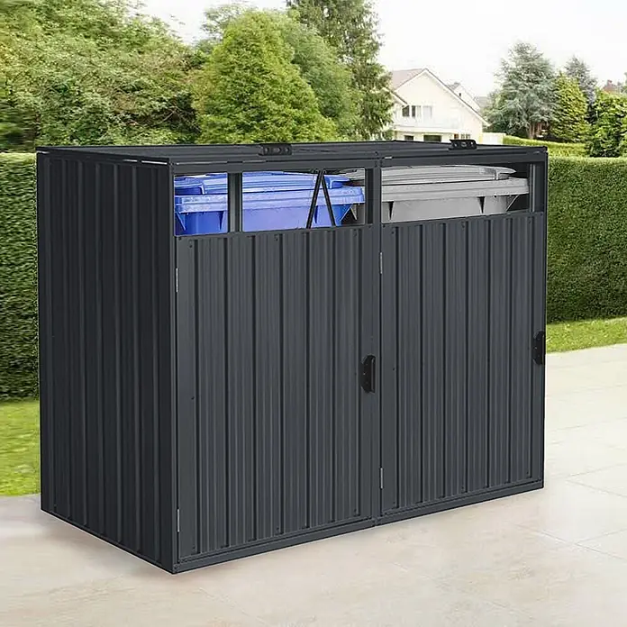 Home Deluxe Mülltonnenbox CUBO - 1x 240L - 80 x 80 cm, Stahl, Anthrazit, Geeignet für Anzahl Mülltonnen: 1 Stk. - Dunkelgrauer Metall-Mülltonnenbox im Freien mit zwei Fächern, einem blauen und einem grauen Mülleimer, beide mit offenen Deckeln.