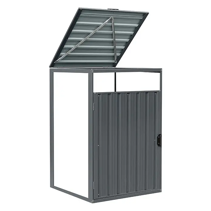 Home Deluxe Mülltonnenbox CUBO - 1x 240L - 80 x 80 cm, Stahl, Anthrazit, Geeignet für Anzahl Mülltonnen: 1 Stk. - Dunkelgrauer Metall-Geräteschuppen mit offener Wellblech-Klappe und Vordertür.