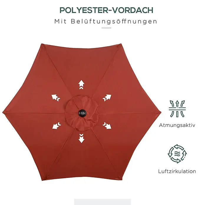 Outsunny Balkonschirm rund Weinrot mit Luftzirkulation - Weinrot, Durchmesser Bespannung: 196 cm - Rotes Polyester-Sonnenschirmdach mit Belüftungsöffnungen für Atmungsaktivität und Luftzirkulation.