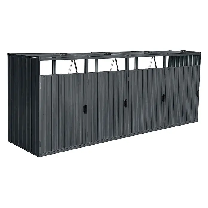 Home Deluxe Mülltonnenbox CUBO - 4x 240L - 320 x 80 cm, Stahl, Anthrazit, Geeignet für Anzahl Mülltonnen: 4 Stk. - Dunkelgraue Wellblech-Mülltonnenbox mit vier Fächern, Klapptüren und aufklappbaren Deckeln.