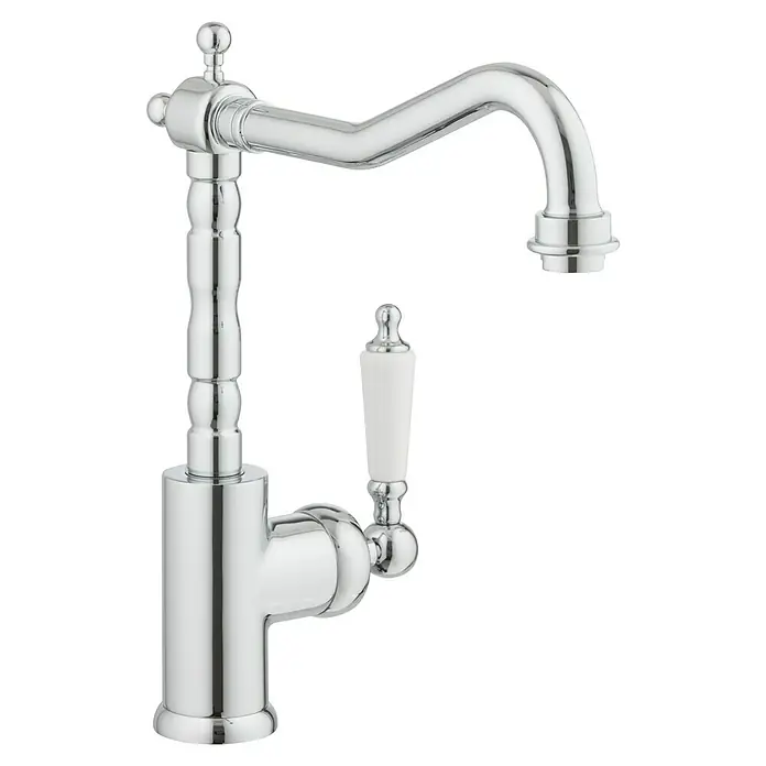 Camargue Spültischarmatur Rom -  - Glänzender Chrom-Wasserhahn mit weißem Griff und traditionellem Design für ein elegantes Badezimmerambiente.