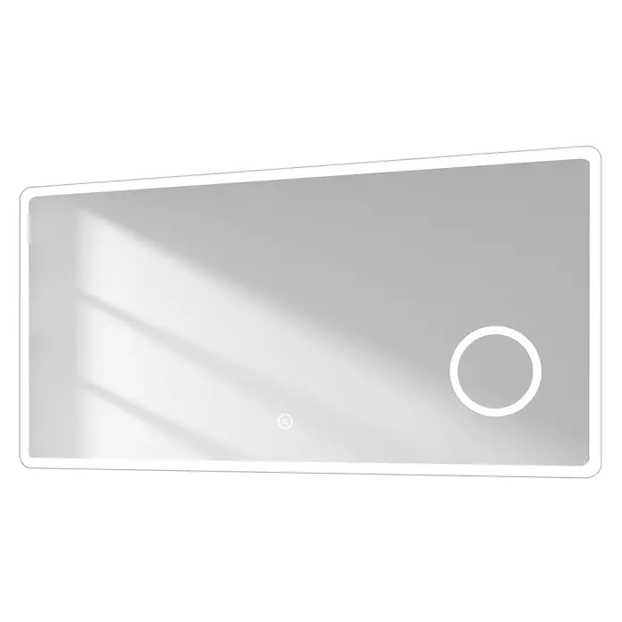 Emke Lichtspiegel Dimlite LM13 -  - Rechteckiger LED-beleuchteter Spiegel mit abgerundeten Ecken und zwei Touch-Bedienelementen, einem runden und einem quadratischen.