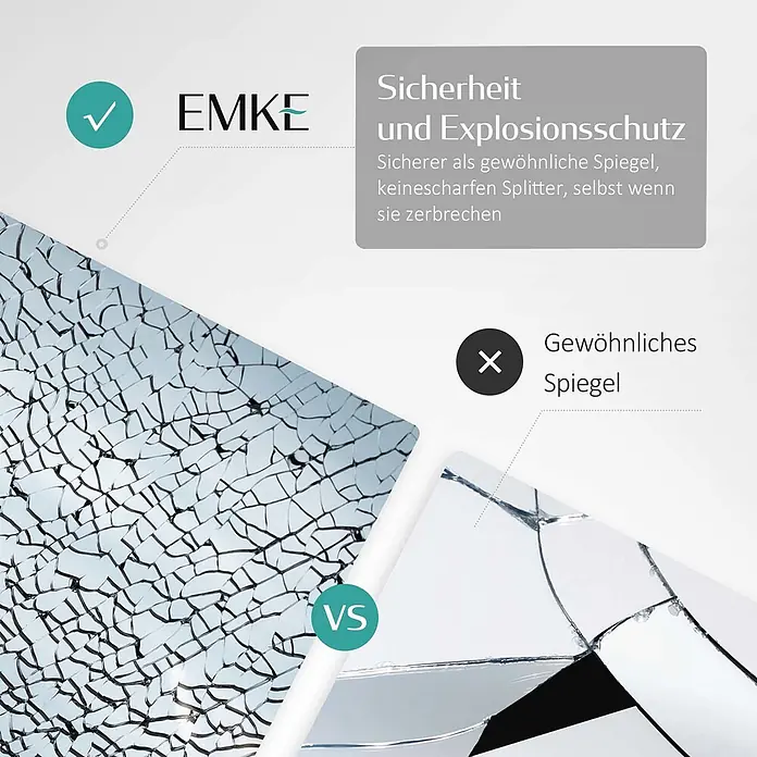 Emke Lichtspiegel Dimlite LM13 -  - Vergleich zweier zerbrochener Spiegel: EMKE-Spiegel bleibt splitterfrei, gewöhnlicher Spiegel bildet scharfe Scherben.