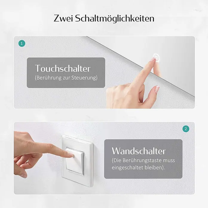 Emke Lichtspiegel Dimlite LM13 -  - Zwei Schaltoptionen: Touchschalter am Spiegel und externer Wandschalter für die Steuerung der Beleuchtung.