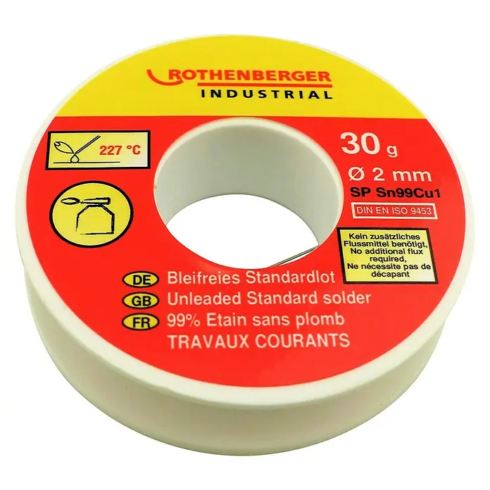 Rothenberger Industrial Standardlot - Durchmesser: 2 mm, 30 g - Abbildung einer Rolle bleifreien Standardlots von Rothenberger Industrial, 30g, Durchmesser 2mm, SP Sn99Cu1 nach DIN EN ISO 9453.