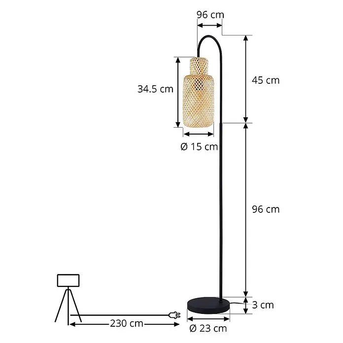 Lindby Stehleuchte Venora - schwarz, Holz hell, E27 - Maßzeichnung einer schwarzen Stehleuchte mit Natur-Bambusschirm, 141 cm hoch und 96 cm breit, mit 15 cm Durchmesser des Schirms.