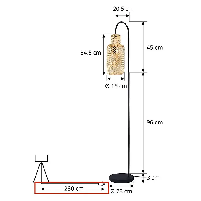 Lindby Stehleuchte Venora - schwarz, Holz hell, E27 - Stehlampe mit schwarzem Fuß und Gestell, naturfarbenem Rattanschirm. Maße und Netzkabel sichtbar.