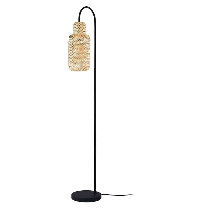 Lindby Stehleuchte Venora - schwarz, Holz hell, E27 - Schwarze Stehlampe mit gebogenem Arm und geflochtenem Bambus-Lampenschirm.