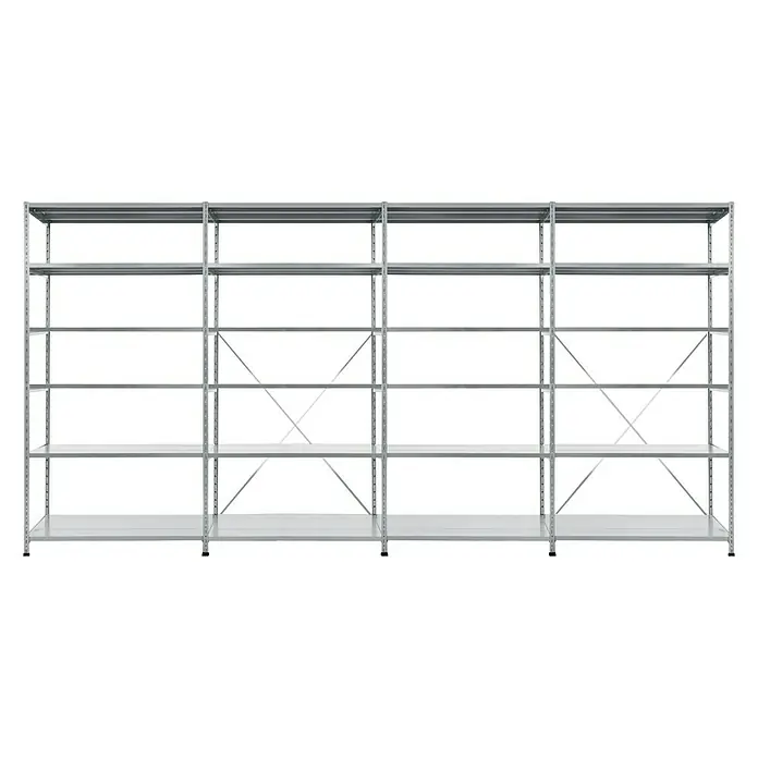 Scholz Metallregal SE - Höhe: 228 cm, B x T: 408 x 30 cm, Traglast pro Boden: 100 kg, Anzahl Böden: 6 Stk., Stecken, Silber - Ein großes, leeres Metallregal mit mehreren Fächern, ideal für Lagerung und Organisation in verschiedenen Umgebungen.