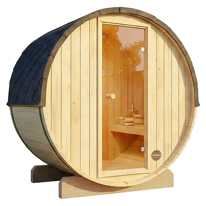 FinnTherm Fasssauna Mini XXS - Holz - Fasssauna aus hellem Holz mit dunklem Schindeldach und Glastür, innen mit Sitzbank.