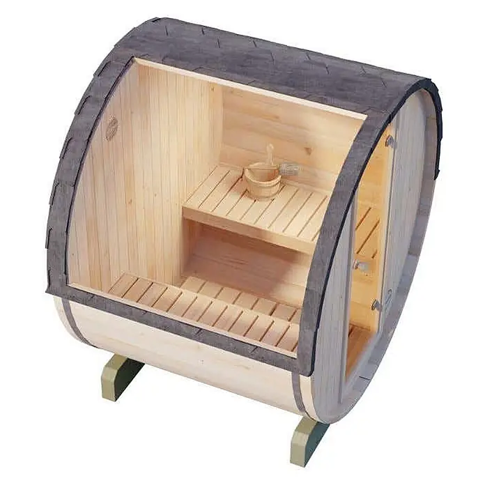 FinnTherm Fasssauna Mini XS - Holz - Fassförmige Außensauna mit hellem Holzinterieur, Holzbänken und dunklem Schindeldach.