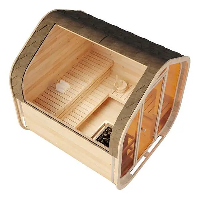 FinnTherm Fasssauna ScandiCube Wave Comfortissimo - Holz, L x B x H: 236 x 237 x 249 cm - Kompakte Holzfasssauna mit dunklem Schindeldach, Glastür, Innenbänken und Heizung.