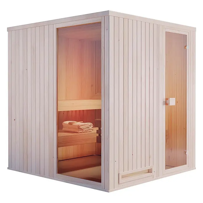 FinnTherm Massivholzsauna Miranda - L x B x H: 194 x 244 x 199 cm - Helle Holzsaunakabine mit Glastüren, innen Bänke und gefaltete Handtücher sichtbar.