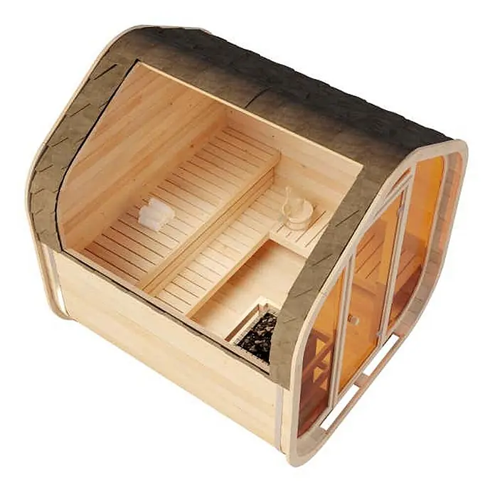 FinnTherm Fasssauna ScandiCube Wave Comfortissimo - Holz, L x B x H: 236 x 237 x 249 cm - Hölzerne Fasssauna mit dunklem Dach, transparenten Türen, Innenbänken und Heizung.