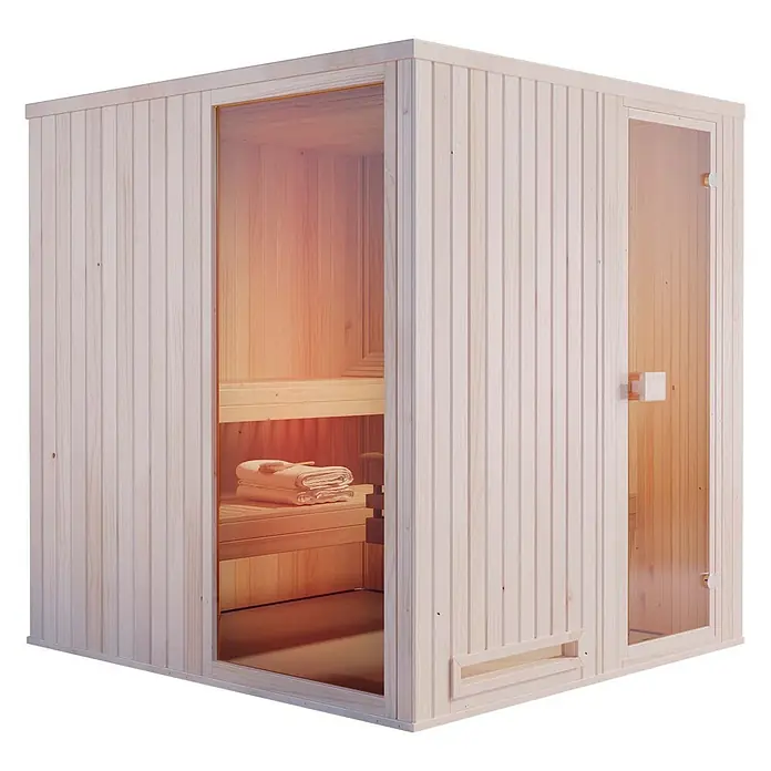 FinnTherm Massivholzsauna Miranda - L x B x H: 194 x 244 x 199 cm - Helle Holzsaunakabine mit Glastür und -paneel, Bänke innen mit Handtüchern und warmem Glühen.