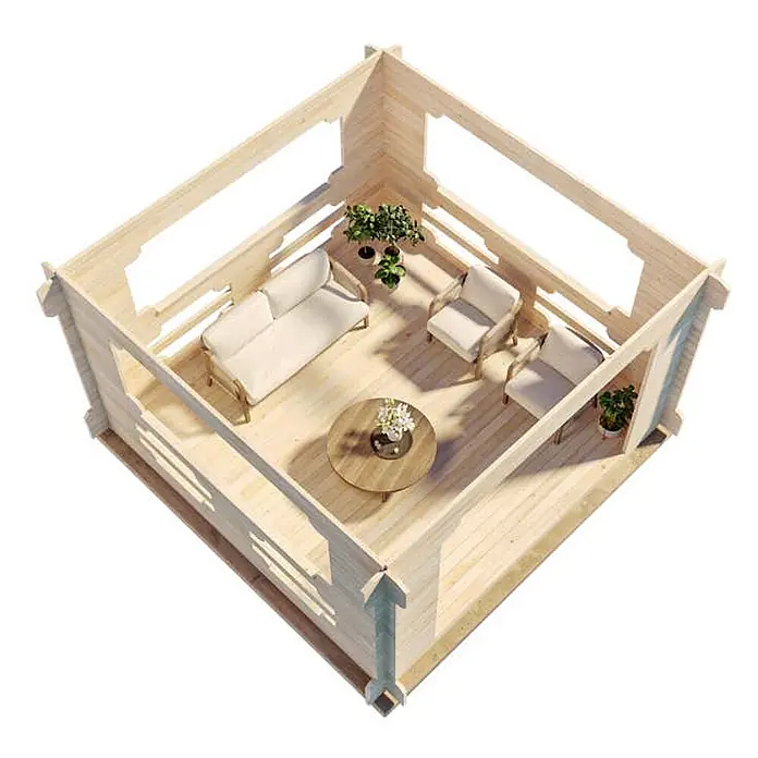 Alpholz Gartenpavillon Ibiza - Außenmaß inkl. Dachüberstand (B x T): 440 x 440 cm, Holz, Naturbelassen - Helles Holzpavillon-Interieur mit cremefarbenem Sofa, zwei Sesseln, Couchtisch und Pflanzen, schafft einen einladenden Wohnbereich im Freien.