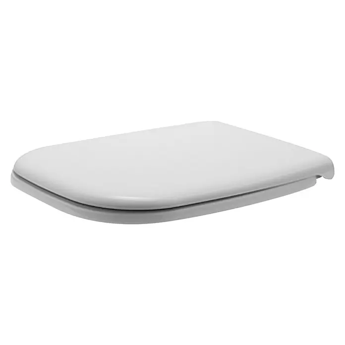 Duravit D-Code WC-Sitz - Duroplast, Weiß, Ohne Absenkautomatik - Nahaufnahme eines rechteckigen, weißen Toilettensitzes mit abgerundeten Ecken, ideal für jedes moderne Badezimmerdesign.