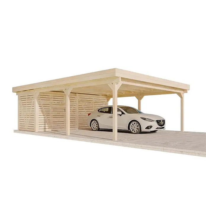Alpholz Carport Freya - Außenmaß inkl. Dachüberstand (B x T): 6 x 8 m, Doppelcarport, Naturbelassen - Helles Holz-Carport mit integriertem Geräteschuppen und geparktem weißem Auto.