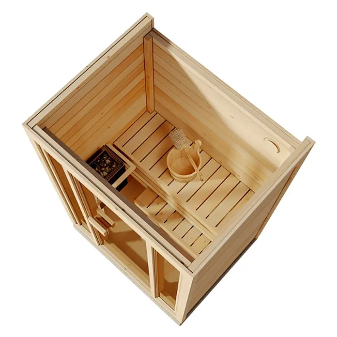 FinnTherm Massivholzsauna Kuuma S - Elektroofen - Kompakte helle Holzsaunakabine innen mit Heizung, Holzeimer, Kelle und Sitzbänken.