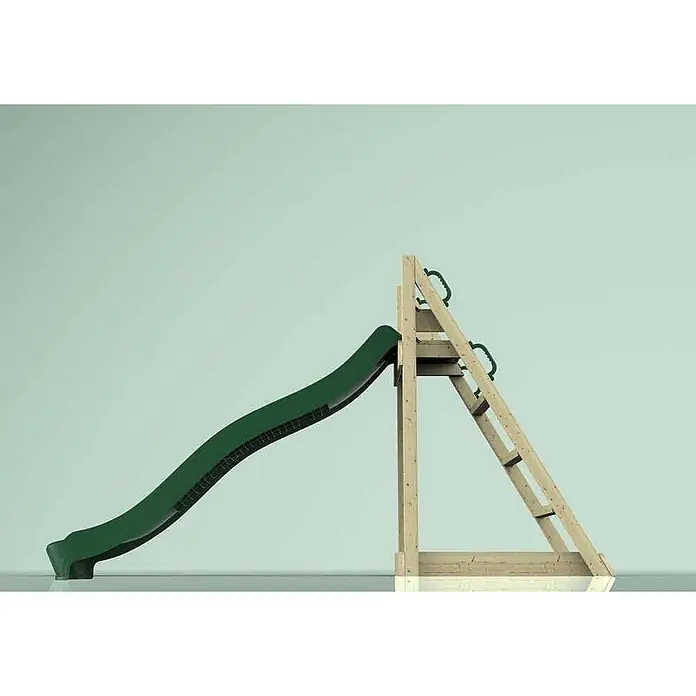 OutdoorToys Rutsche Kolibri - B x L: 285 x 60 cm, Holz, Grün - Grüne Kunststoff-Rutsche mit natürlichem Holz-Klettergerüst und Leiter, mit grünen Handgriffen.