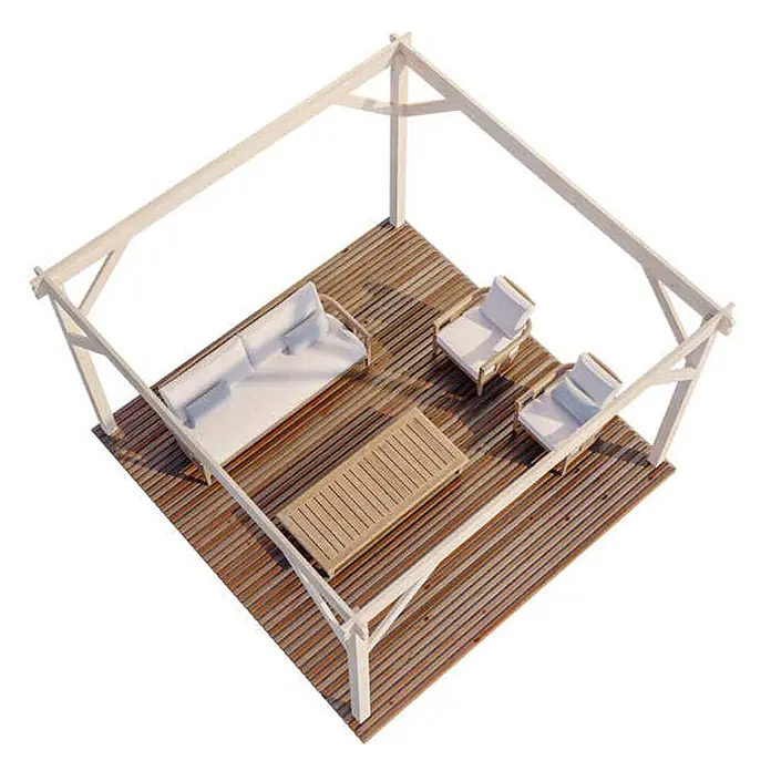 Alpholz Gartenpavillon Lanzarote - Außenmaß inkl. Dachüberstand (B x T): 425 x 425 cm, Holz, Naturbelassen - Hölzerne Pergola mit Deck, Sofa, zwei Sesseln und Couchtisch mit hellen Polstern für den Außenbereich.